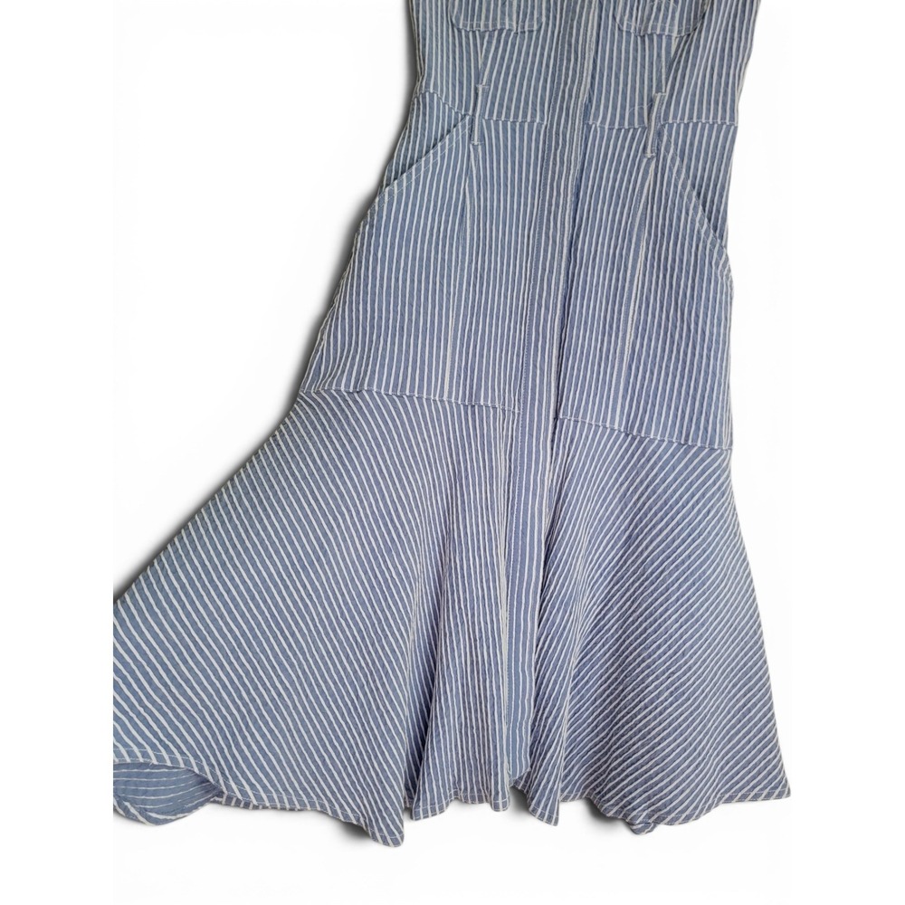 WHBM Vertical Stripe Blue White Seersucker Drop Waist Midi Dress Size 0 Pocket - Picture 5 of 8